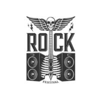 Hard rock festival icon, skull, bass guitar wings vector