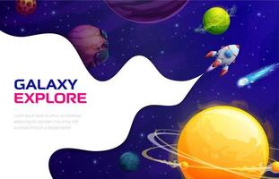 Space landing page, vector background with rocket