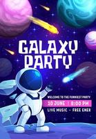 Galaxy party flyer, astronaut and space landscape vector