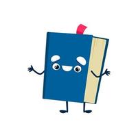 Cartoon textbook, cute smiling book in blue cover vector