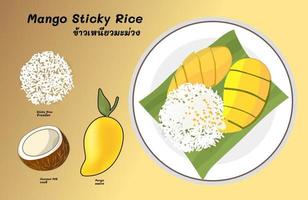 Mango sticky rice is a traditional Thai dessert made with glutinous rice, fresh mango and coconut milk vector