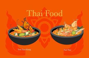 pad thai and tom yum kung menu thai food vector