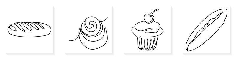 Single continuous line drawing of stylized sweet fresh bake bakery pastry in minimal continuous one line vector
