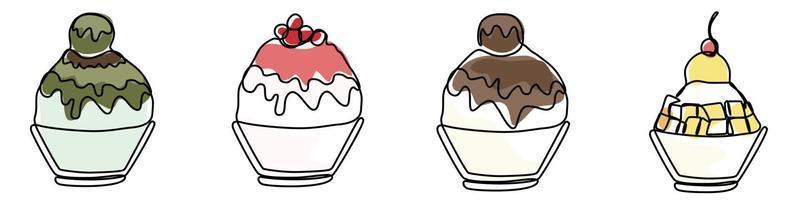 ice shaved bingsu korean japanese style sweet dessert in minimal one continuous line simple design style vector