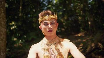 Balinese man meditating on the stone while surrounded by the green tree and brown soil video