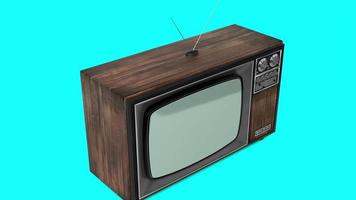 Receptor de televisión de madera vintage con pantalla verde aislado sobre fondo azul. video