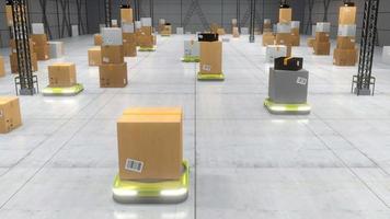 Yellow Autonomous Robots Transporting Packages in Warehouse - Artificial intelligence, Logistics, Shipping, Storage Concept. video