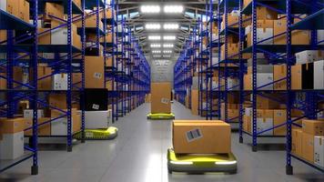 Autonomous Robots Transporting Packages in Warehouse, Rack Shelves Standing on Both Sides - Artificial intelligence, Logistics, Shipping, Storage Concept.