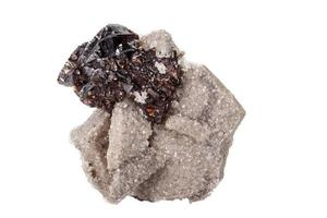 Macro of mineral Sphalerite stone on microcline on white background photo