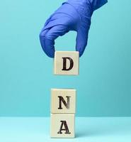 abbreviation DNA on wooden square blocks, blue background photo