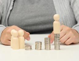 pila de monedas de metal y figuras de madera de hombres sobre una mesa blanca. ahorros y gastos, presupuesto familiar, subsidios del estado foto