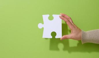female hand holds a fragment of a white large puzzle on a green background, the concept of finding an idea, solving a problem photo