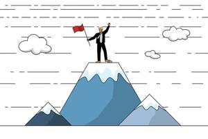 vector graphic background of man stand on the top of mountain. concept line art graphic business man success the target work white sky with cloud background.