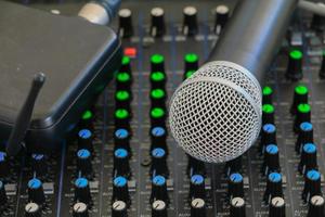 Close up of  microphone on sound mixer covered in dust photo