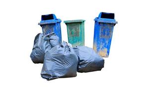 pile black garbage bag plastic and dustbin dirty on white background and clipping path with copy space add text photo