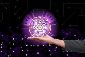 businessman marketing social network future transportation on hand. concept connect computer communicate technology with abstract circle background and copy space add text photo