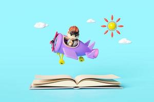 niño piloto personaje con abierto libro, piloto anteojos, hélice avión en el aeropuerto aislado en azul antecedentes. espalda a escuela, educación concepto, 3d hacer ilustración, recorte camino foto