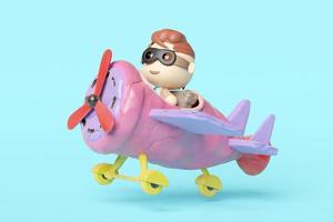 child pilot character from plasticine with pilot glasses, propeller plane on the airport isolated on blue background. clay toy icon concept, 3d render illustration, clipping path photo