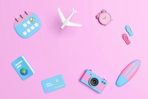 copy space with 3d calendar, airplane, marked date, passport isolated on pink background. schedule appointment, summer travel, itinerary, booking concept, 3d render illustration, clipping path photo