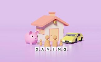 Wooden doll figures with house, family, piggy bank, sports car isolated on purple background. happy family, saving money, fund, interest concept, 3d illustration, 3d render photo