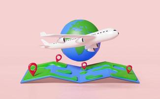 Travel world map with passenger plane, pin isolated on pink background. air cargo trucking, travel around the world concept, 3d illustration or 3d render, clipping path photo