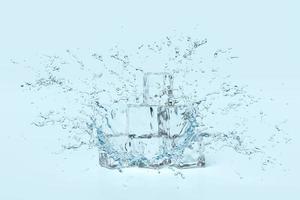 3d ice cubes with water splash transparent, clear blue water scattered around isolated on white background. 3d render illustration photo