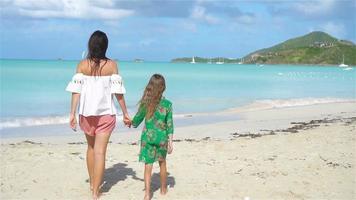 lindo mãe e filha em caribe de praia. família em de praia período de férias. lento movimento video