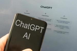 ChatGPT Open AI chatbot website on a smartphone. Kyiv, Ukraine - February 08, 2023 photo