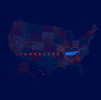 Tennessee map with red heart lettering. US map states name typography. vector