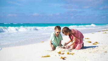 Adorable little kids play with sand on the white beach video