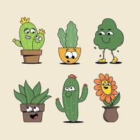 mano dibujado retro dibujos animados casa plantas vector