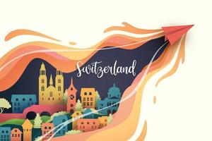 Origami paper plane in panorama of world famous landmarks of switzerland for travel advertising vector