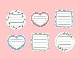 Notes stickers pack. Vector illustration of cute hand drawn paper notes. Sticky blanks for reminders, to do list, planner, schedule. Round, square and heart shapes