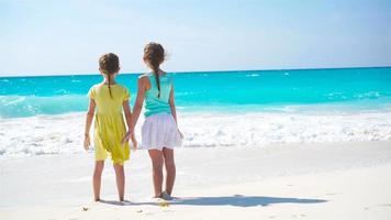 adorable peu les filles en marchant sur le plage. retour vue de des gamins ensemble prendre plaisir mer vue video