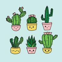 A set of cute multicolored cacti with doodle-style faces vector