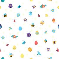 Endless pattern with eggs, flowers and insects. Spring, Easter pattern. vector