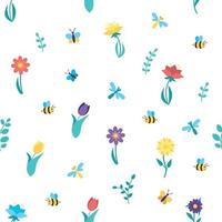 Pattern with spring flowers, butterflies, bees and dragonflies. vector