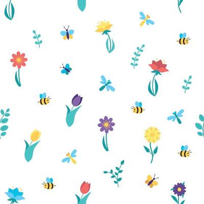 Pattern with spring flowers, butterflies, bees and dragonflies.