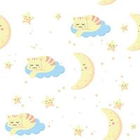 Pattern with a cat on a cloud, the moon and stars on a light background. vector