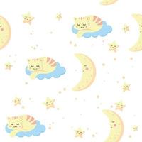 Pattern with a cat on a cloud, the moon and stars on a light background. vector