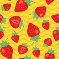 Seamless pattern with strawberries on a yellow background with waves. vector