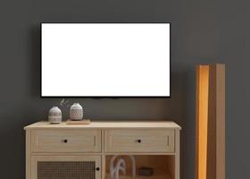 TV mock up. LED TV with blank white screen, hanging on the wall at home. Copy space for advertising, movie, app presentation. Empty television screen ready for your design. Modern interior. 3D render. photo