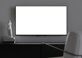 TV mock up. LED TV with blank white screen, hanging on the wall at home. Copy space for advertising, movie, app presentation. Empty television screen ready for your design. Modern interior. 3D render. photo
