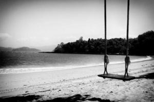 un pequeño de madera columpio colgando desde el árbol en un playa en sur de tailandia, vacaciones concepto, fiesta a el playa. negro y blanco tono foto