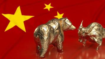 The gold bull and bear on Chinese flag for business concept 3d rendering photo