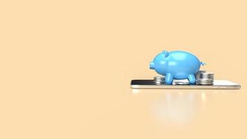 The blue piggy bank on mobile phone for applications or internet banking concept 3d rendering photo