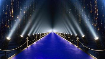 3d ilustración de lujo moderno azul alfombra entrada con Mancha luces dorado que cae partículas brillar para espectáculo reconocimiento premio noche. Moda evento noche concierto celebridad paparazzi Boda ceremonia foto