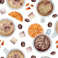 Watercolor hand drawn seamless pattern with coffee cups, beans, sugar cubes, orange slices, juice drops. Isolated on white background For invitations, cafe, restaurant food menu, print, website, cards vector