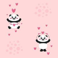 Cute panda bear with garland of hearts seamless pattern on pink background in vector simple flat style.