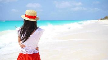 espalda ver de hermosa mujer en sombrero en verano Días festivos en blanco playa. video